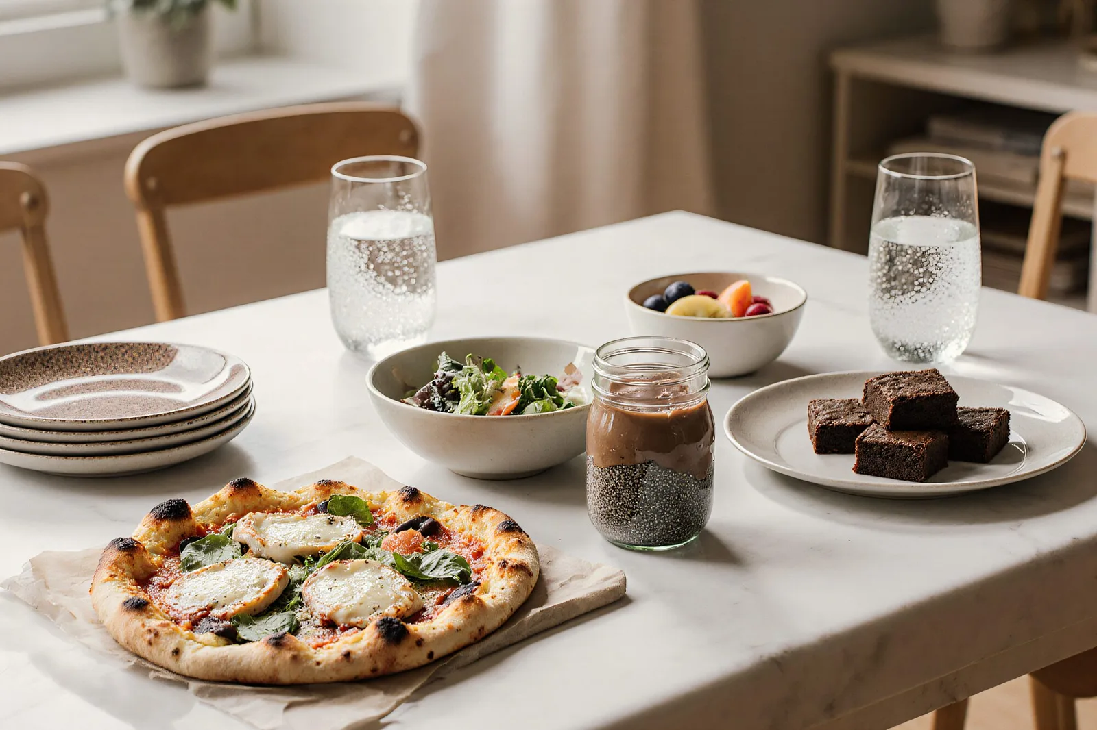 Mesa puesta con pizza, ensalada, brownies y aguas frescas hechos con el método